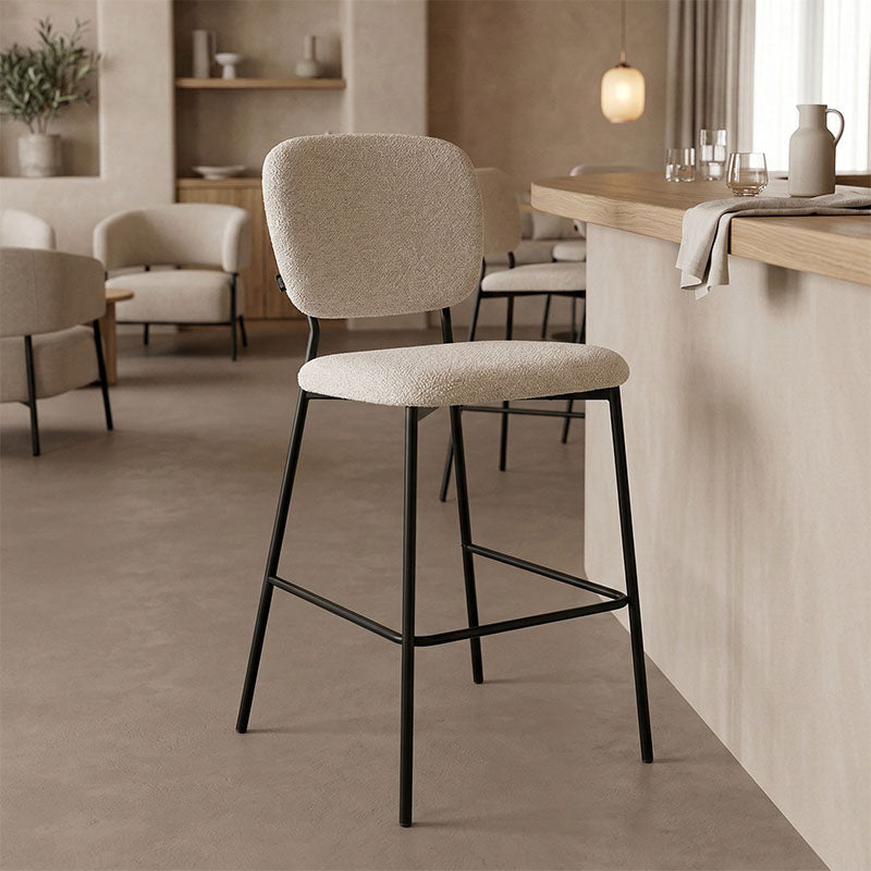 Cathair bar stool bouclé fabric in beige color with black metallic legs 48x54x100cm