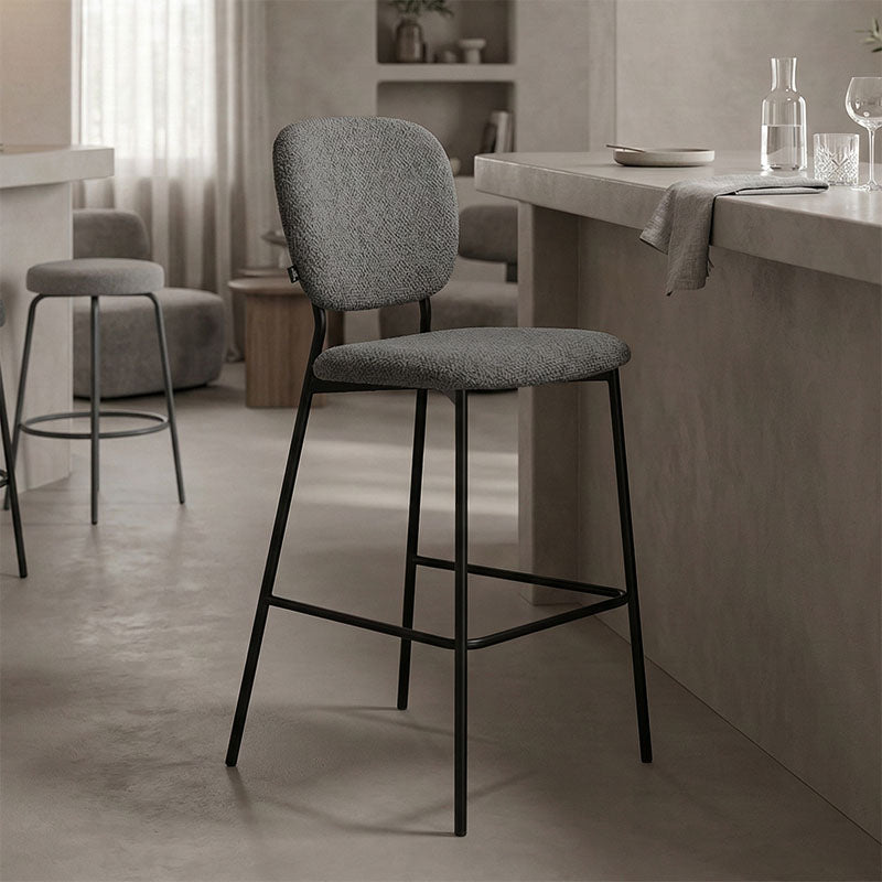 Cathair bar stool bouclé fabric in dark grey color with black metallic legs 48x54x100cm