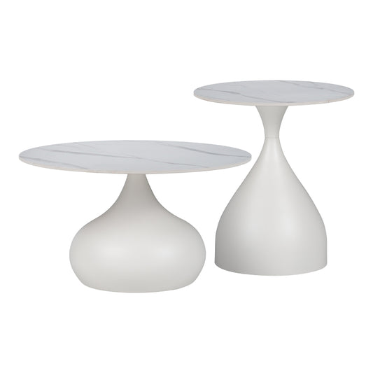 Side table Kirkene Inart white marble sintered stone and white metal 2pcs