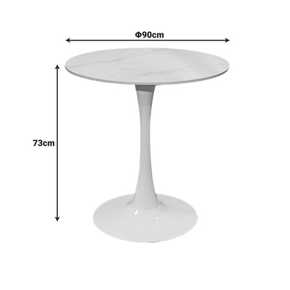 Balou table sintered stone in white marble look-white metal base D90x73cm