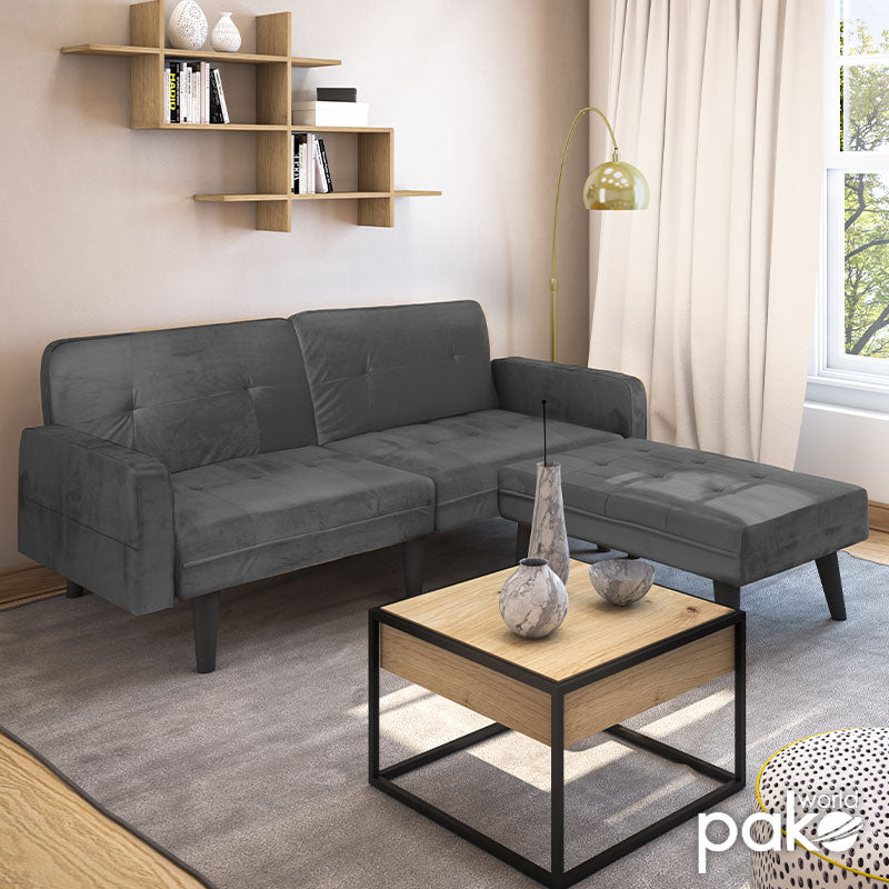 Sofa - bed Dream pakoworld with footstool velvet in grey-silver 209x157x80m