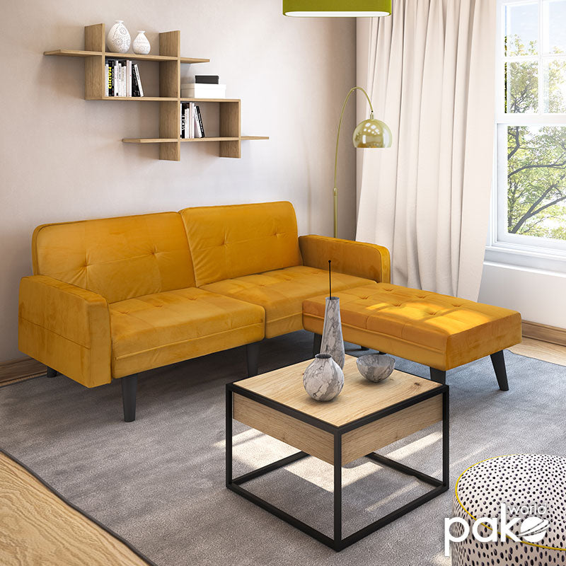 Sofa - bed Dream pakoworld with footstool velvet in yellow 209x157x80cm