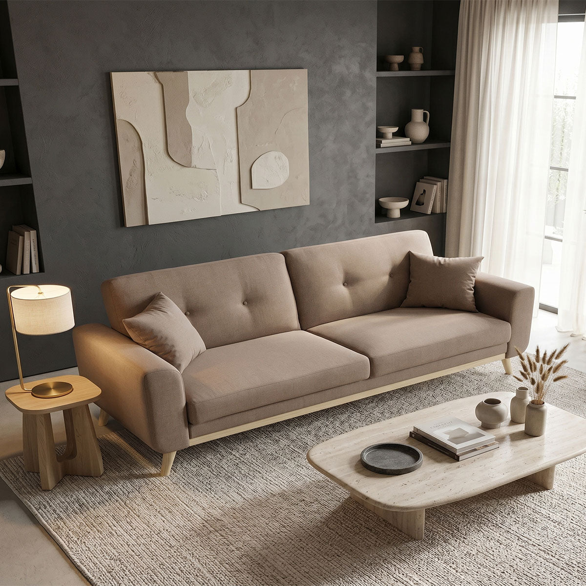 Carmelo sofa bed - beige-brown fabric 214x80x86 cm
