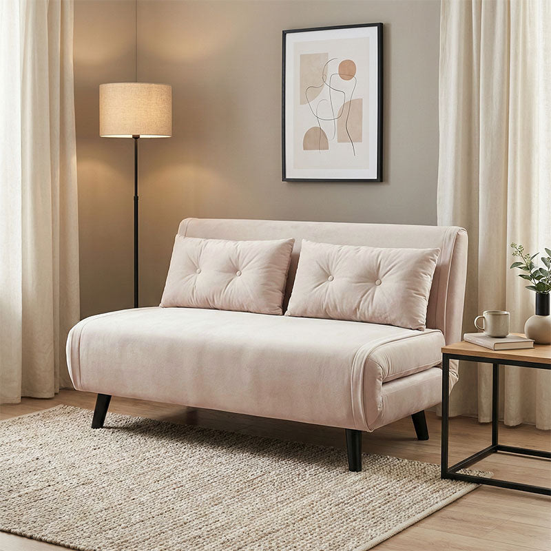 Sofa-bed Josuane pakoworld two-seater cream velvet- black wooden leg 122x80x81cm
