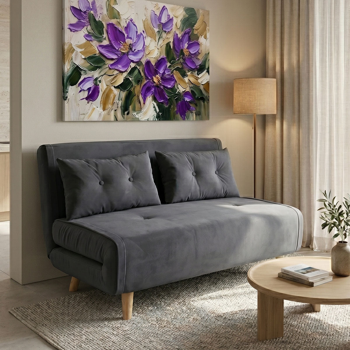 Josuane  pakoworld two-seater sofa bed, anthracite velvet, natural wooden legs, 122x80x81cm