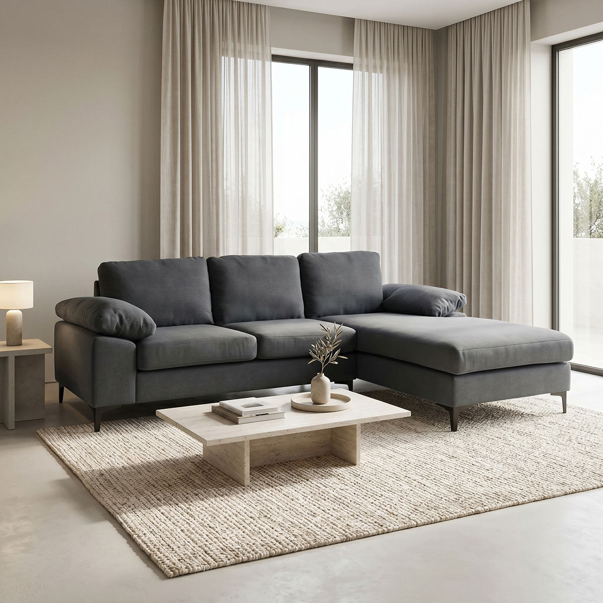 Corner sofa Cohen with left corner fabric dark grey fabric-black metal leg 240x159x83cm