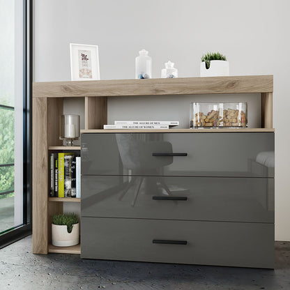 Buffet-Chest of 3 drawers Cute pakoworld in oak-dark grey gloss color 120x43x89cm