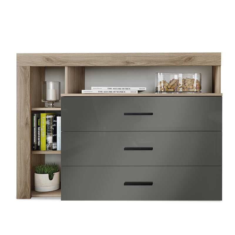 Buffet-Chest of 3 drawers Cute pakoworld in oak-dark grey gloss color 120x43x89cm