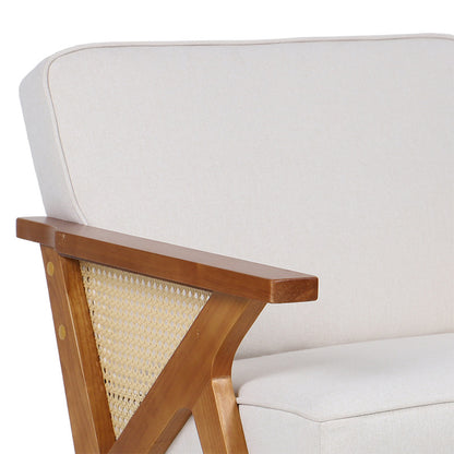 Armchair Claudia pakoworld fabric beige-pvc rattan-rubberwood natural