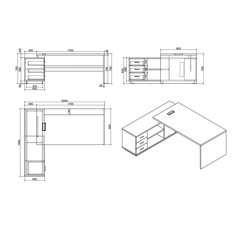 Executive Minimal pakoworld desk with right corner 200x170x75cm