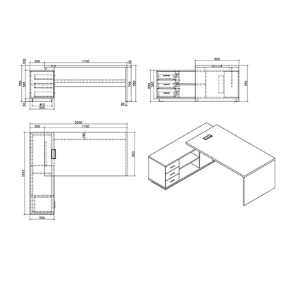 Executive Minimal pakoworld desk with right corner 200x170x75cm