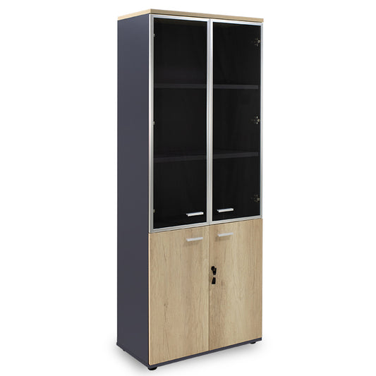 Bookcase Lotus pakoworld with four doors by glass and wood in oak - dark grey color 80x40x200cm