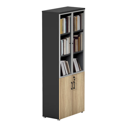 Professional bookcase Lotus with doors by glass in natural-anhracite color 80x40x200cm