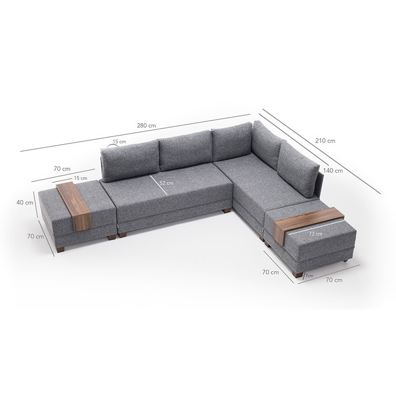 Polymorphic sofa-bed left corner PWF-0155 with charcoal fabric 210x280x70cm