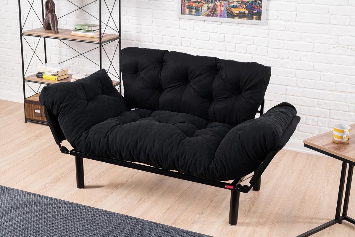 2 seater sofa bed PWF-0018 with fabric in black color 155x73x85cm