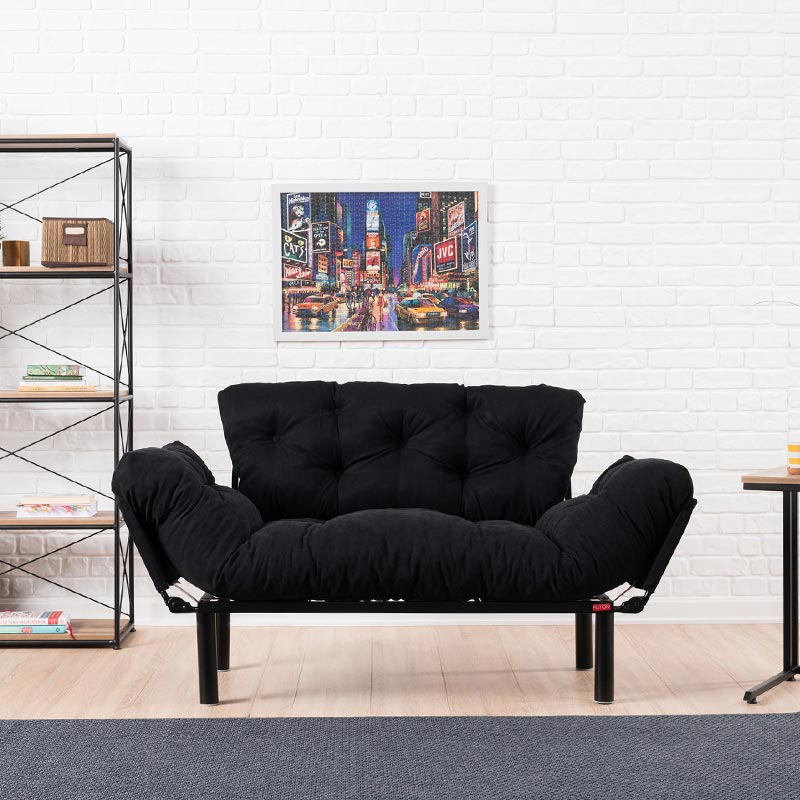 2 seater sofa bed PWF-0018 with fabric in black color 155x73x85cm