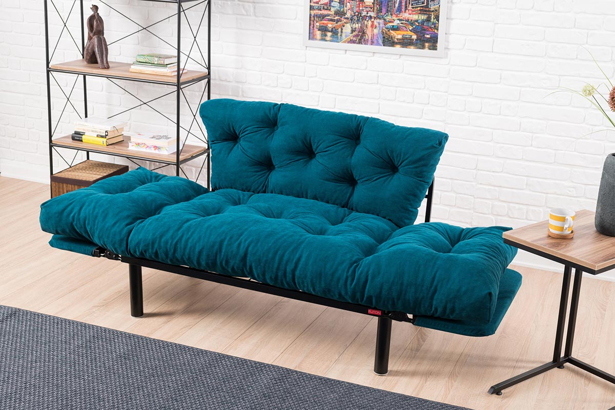 2seater sofa bed PWF-0018 pakoworld fabric in petrol blue color 155x73x85cm