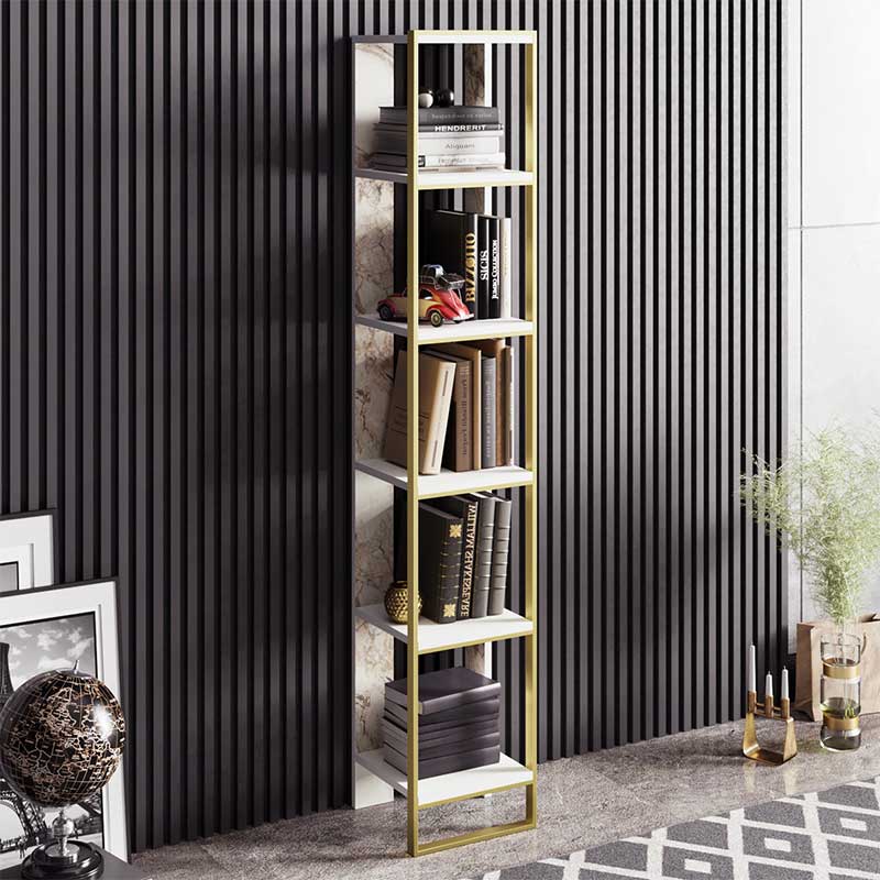 Bookcase Marble pakoworld in white marble color with golden metal frame 32x38,5x178,5cm