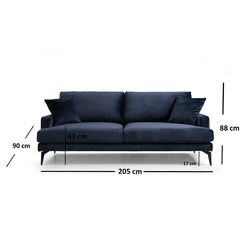 3-seater sofa Fortune pakoworld velvet navy blue-black 205x88x90cm