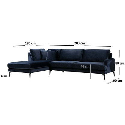 Corner sofa Fortune pakoworld right corner velvet blue-black 283x180x88cm