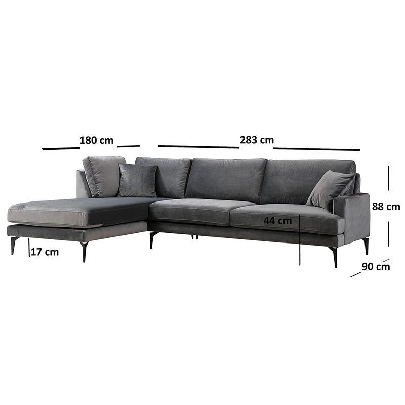 Corner sofa Fortune pakoworld right corner velvet anthracite-black 283x180x88cm