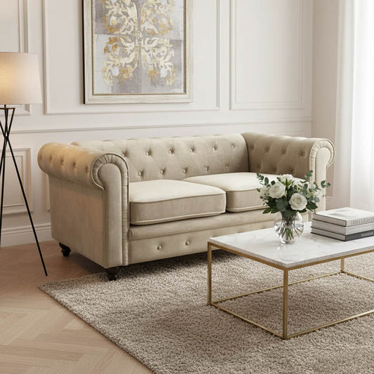 Two-seater sofa Chesterfield type velvet in beige shade 160x84x67cm