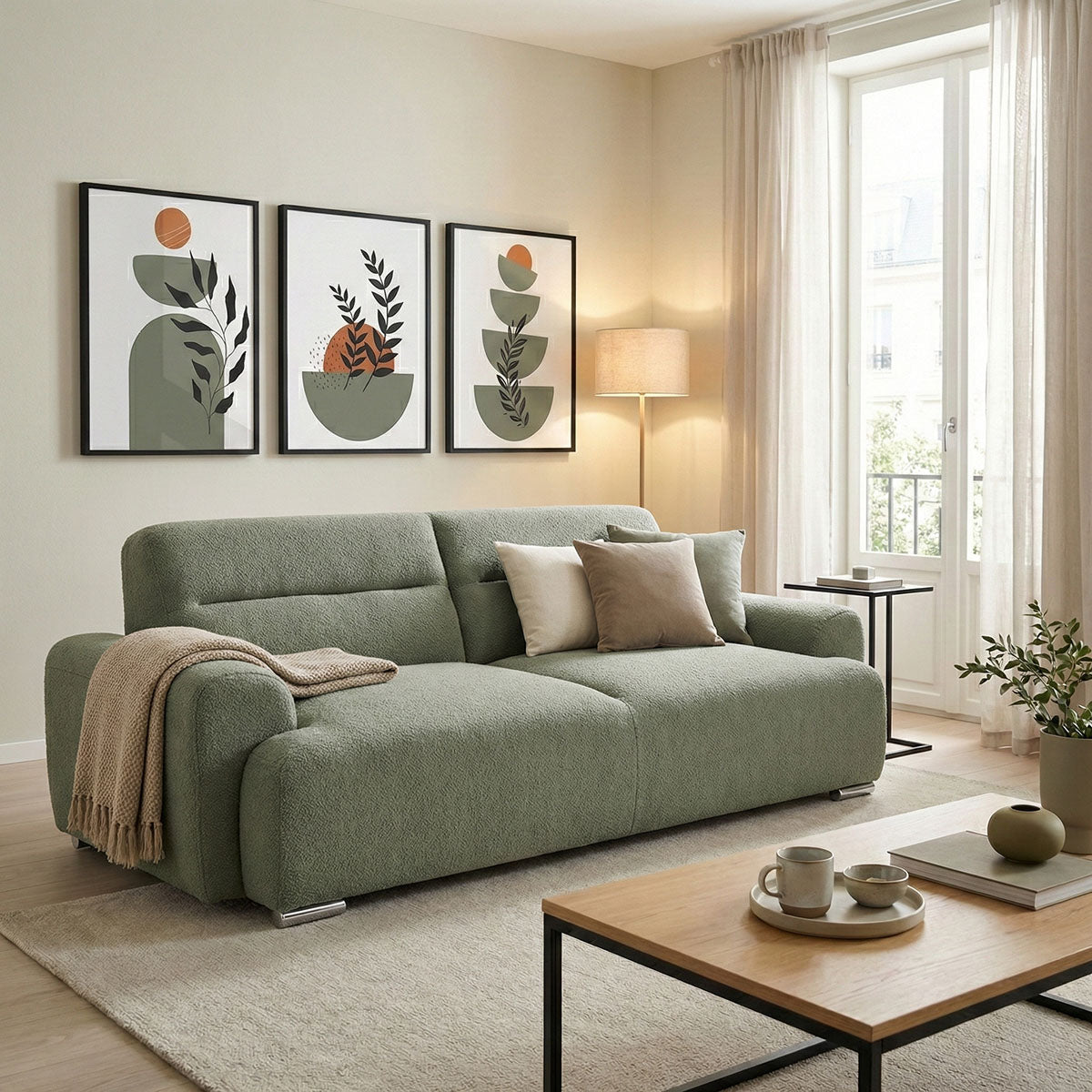 Three-seater sofa Harmonious boucle olive green 223.5x92x81cm
