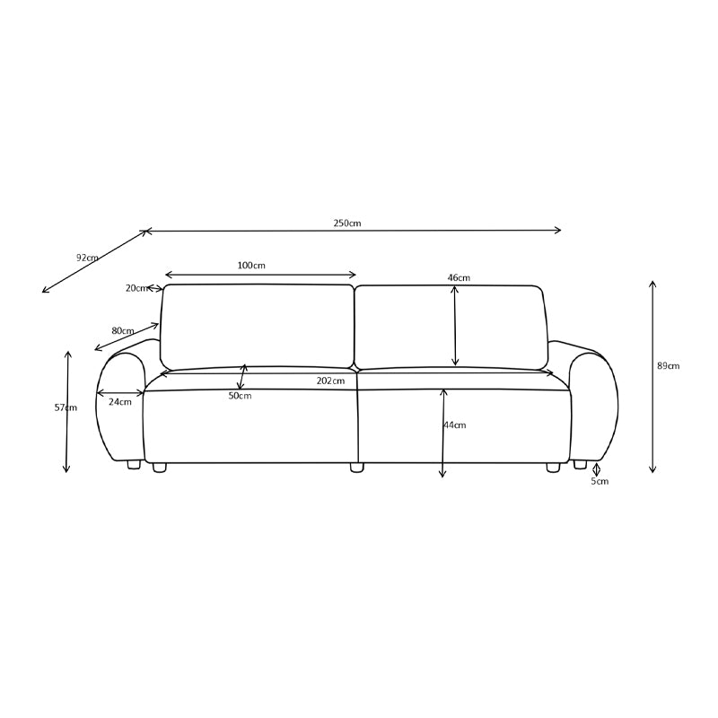 Hungie three-seater sofa bed fabric in beige color 250x92x89cm