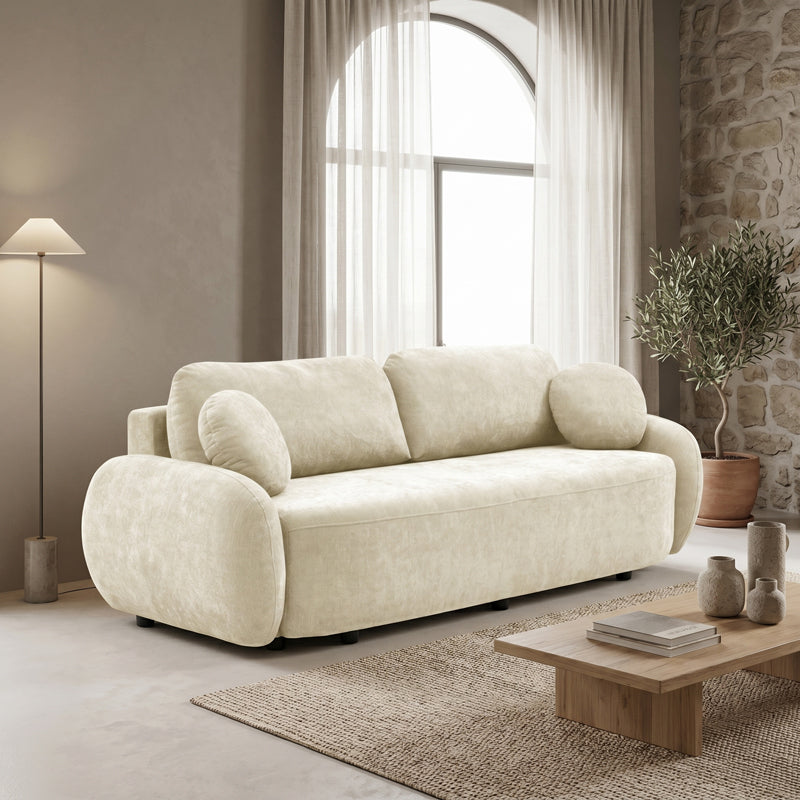 Three-seater sofabed with storage space Sereno beige fabric 233x91x82cm