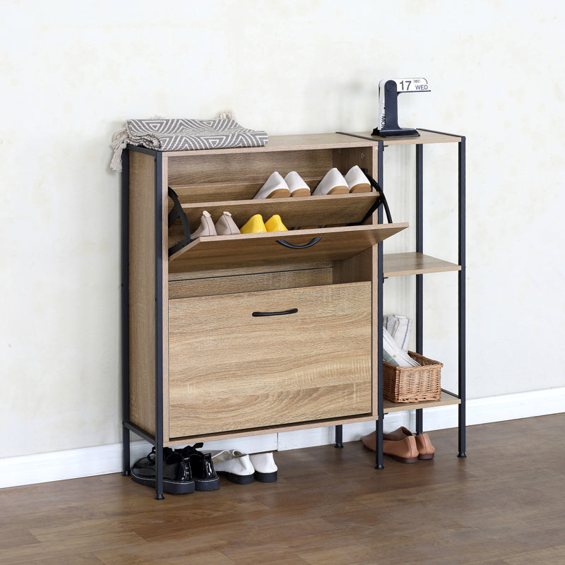 Shoe cabinet for 12 pairs Karleva in oak color with black metal 88x24x87cm