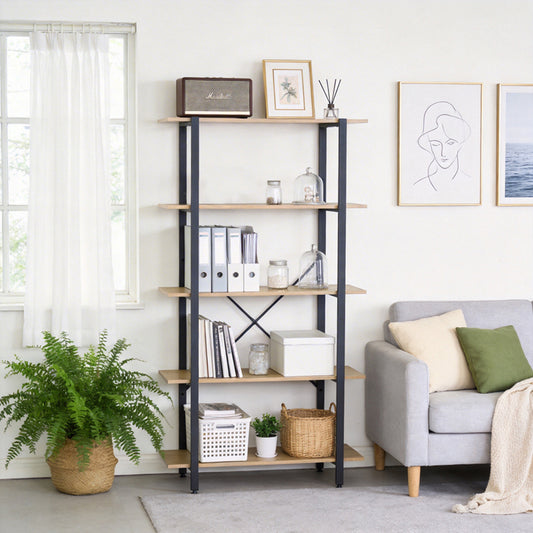 Bookcase Nebranzo oak with black metal 80x34x155.3cm