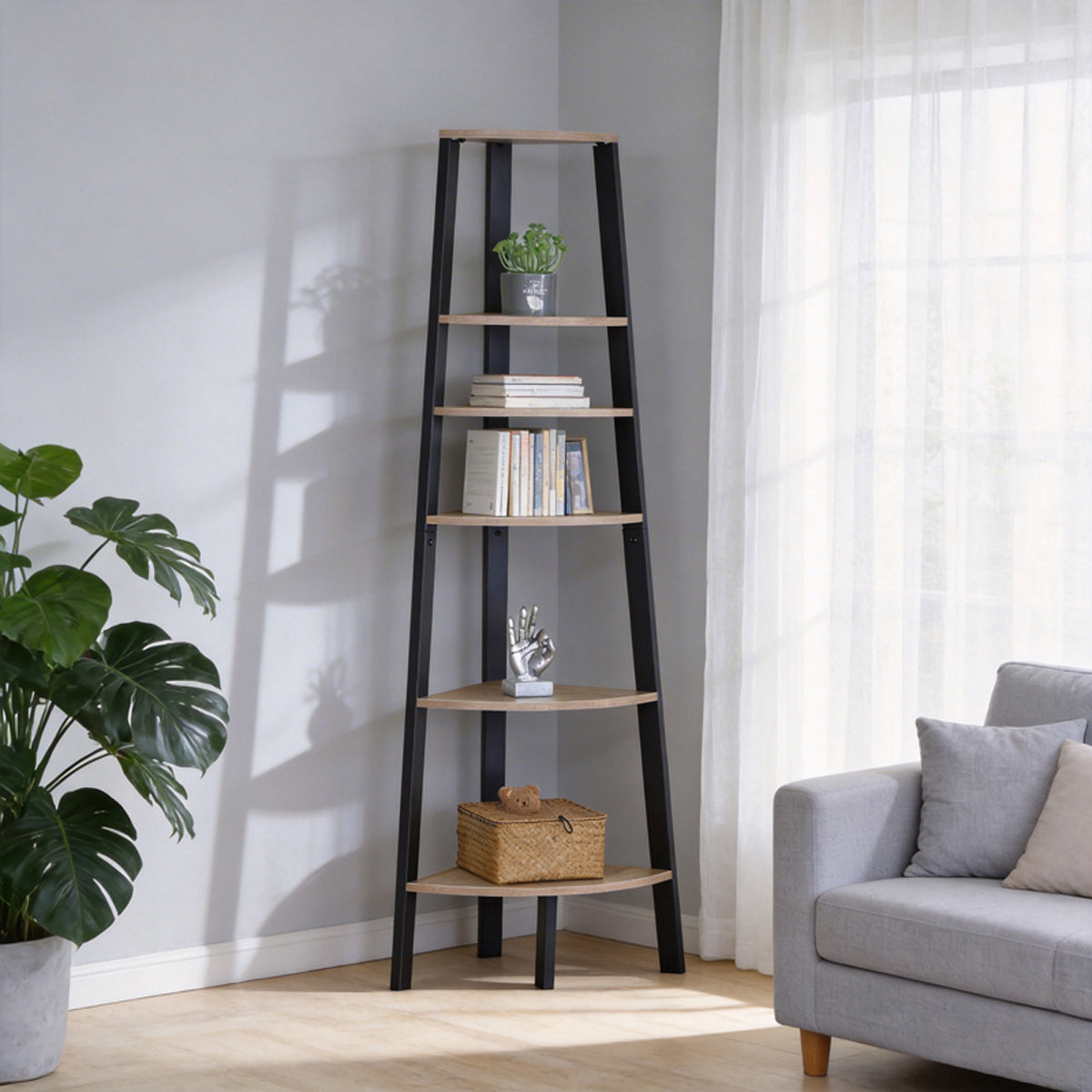 Corner bookcase Arvia oak with black metal 53.4x37.8x160.3cm