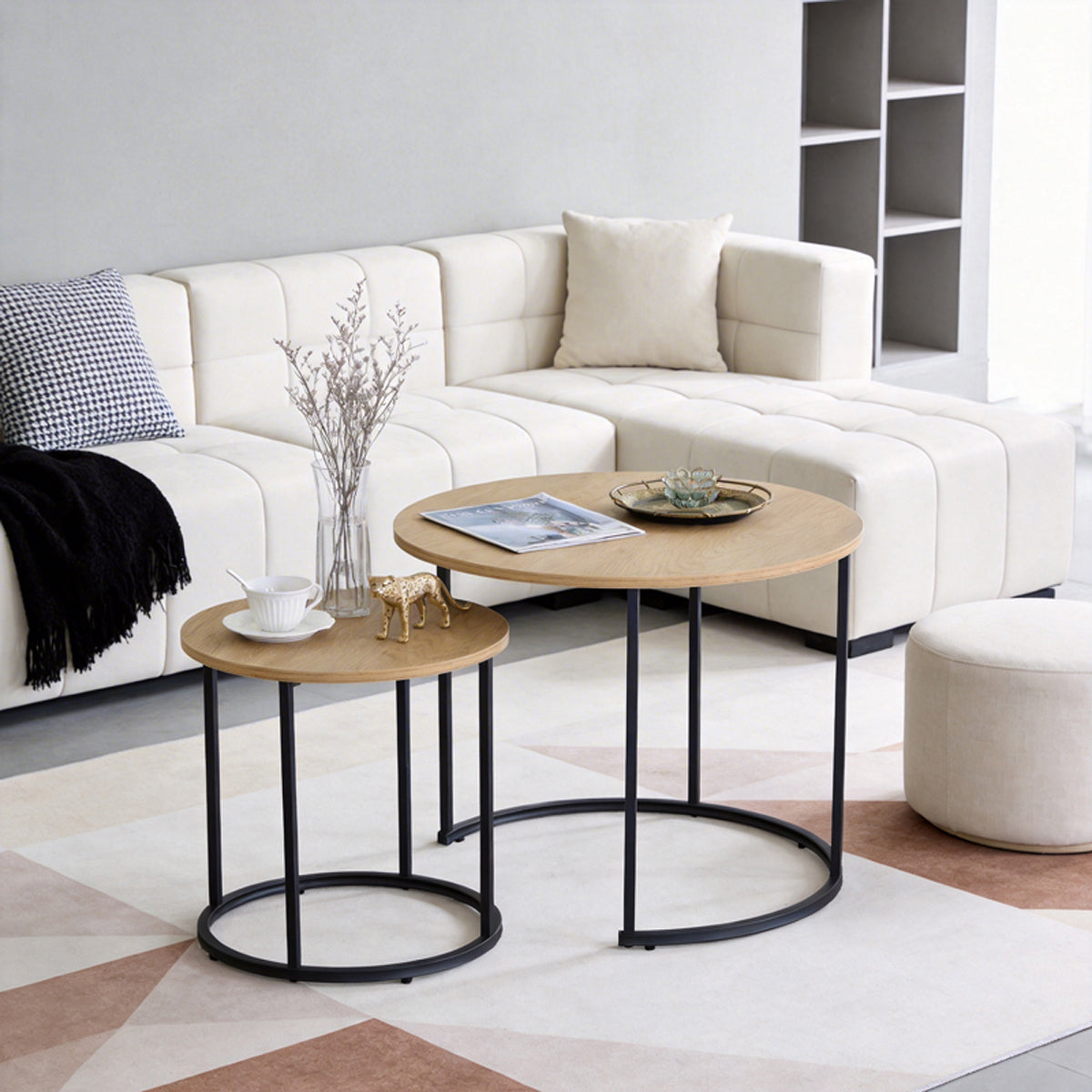 Coffee tables Pelanda set of 2 pieces oak with black metal