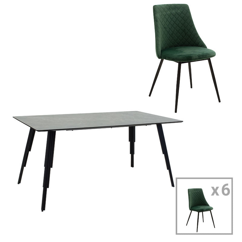 Dining table Lifo-Giselle pakoworld set of 7 pcs MDF cement-dark green 160x90x75cm