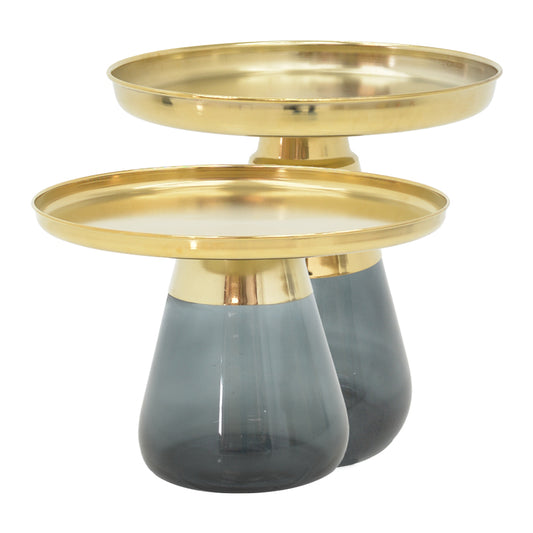 Coffee table Kunlo Inart 2 pieces set gold chrome-black glass