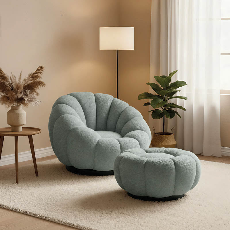 Nester swivel armchair with stool boucle fabric in light green color 98x97x69cm