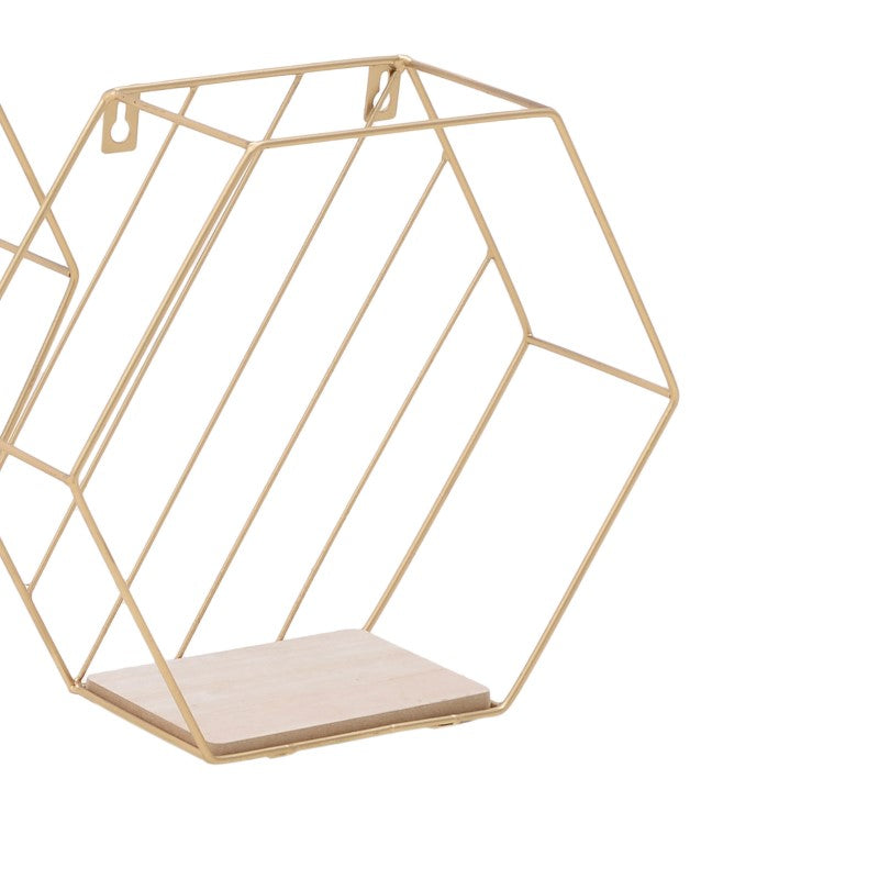 Wall shelf 3 pieces set Inlo Inart gold-natural metal-wood 34x11x30cm