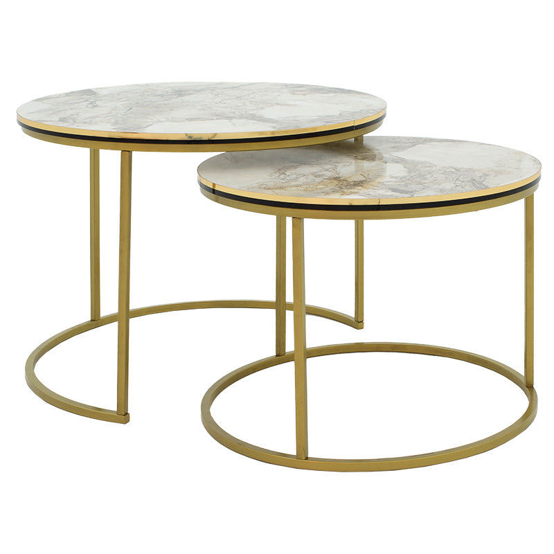 Coffee tables October pakoworld set 2pcs golden matte-black-white marble D70x50cm