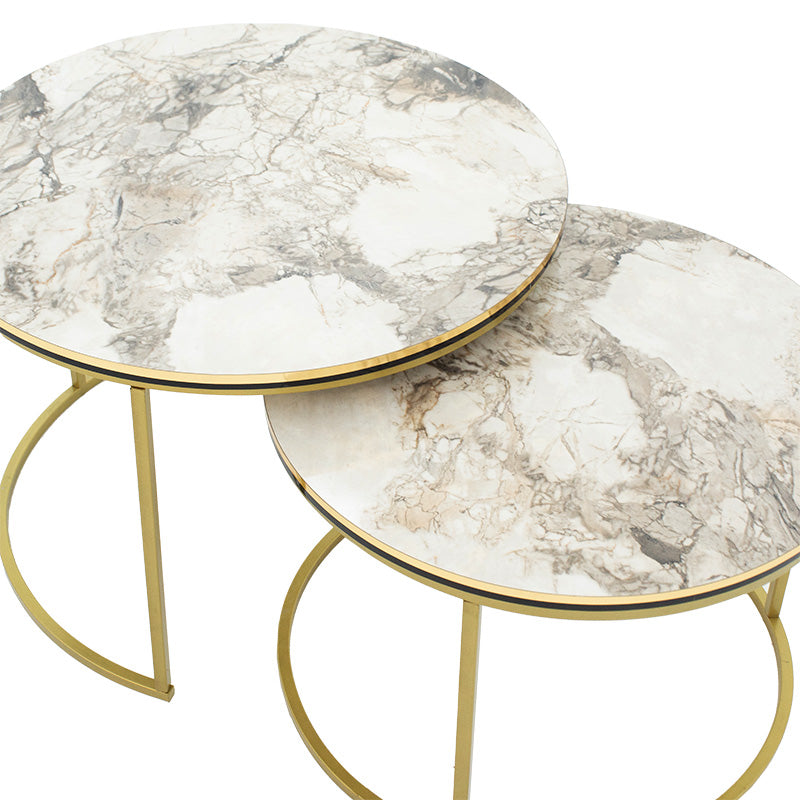 Coffee tables October pakoworld set 2pcs golden matte-black-white marble D70x50cm