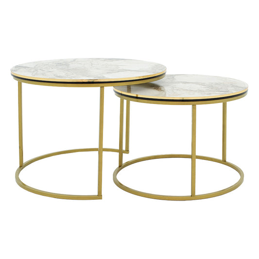 Coffee tables October pakoworld set 2pcs golden matte-black-white marble D70x50cm