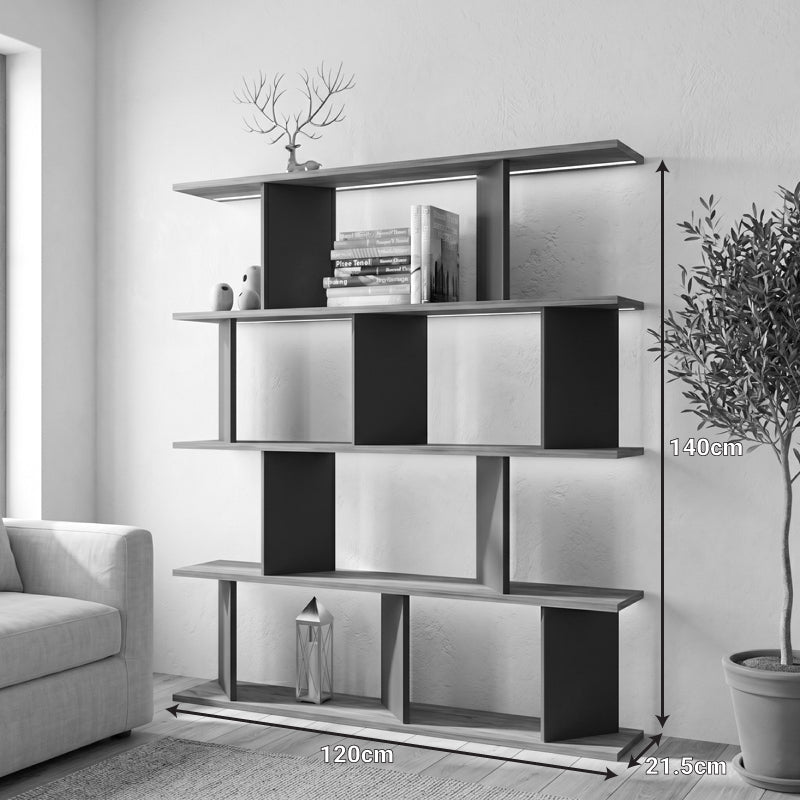 Bookcase Ratu anthracite with oak color 120x24.6x141cm