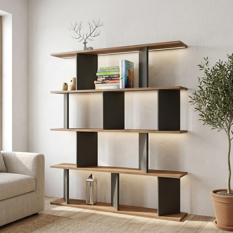 Bookcase Ratu anthracite with oak color 120x24.6x141cm