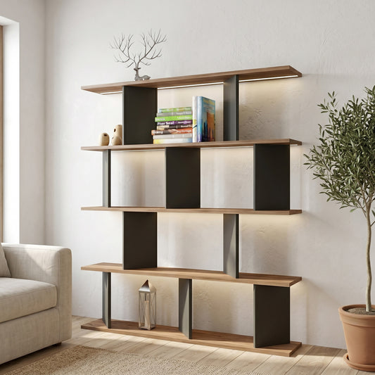 Bookcase Ratu anthracite with oak color 120x24.6x141cm