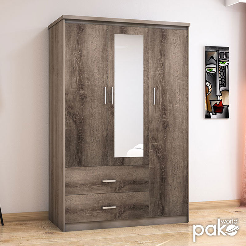 Wardrobe Olympus pakoworld with 3 doors and drawers+mirror in castillo-toro colour 120x57x183