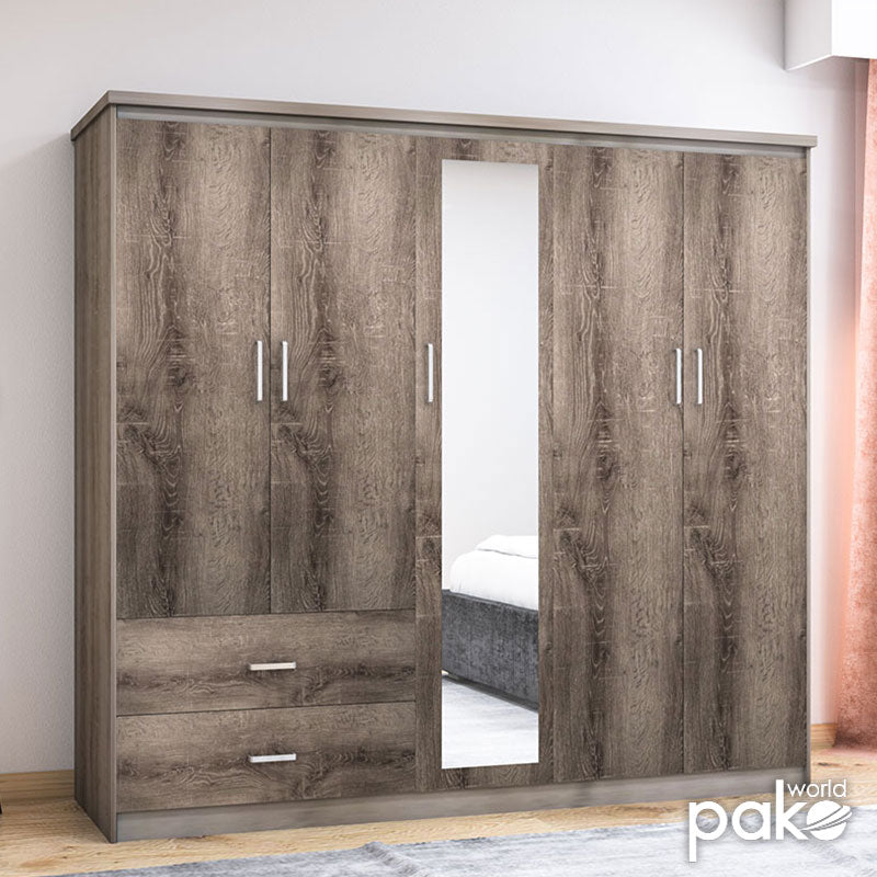 Wardrobe Olympus pakoworld with 5 doors and drawers+mirror in castillo-toro colour 198x57x183