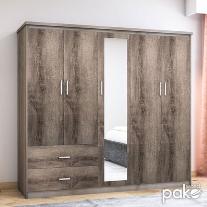 Wardrobe Olympus pakoworld with 5 doors and drawers+mirror in castillo-toro colour 198x57x183