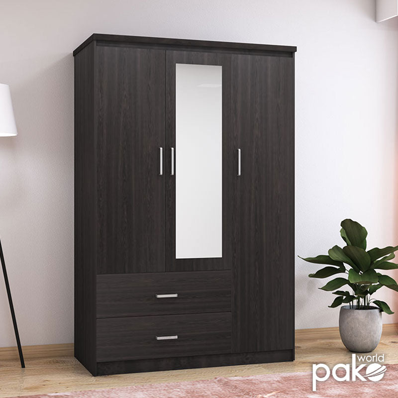 Wardrobe Olympus pakoworld with 3 doors and drawers+mirror in wenge colour 120x57x183