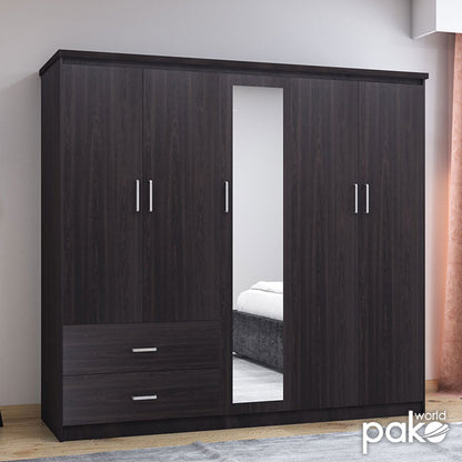 Wardrobe Olympus pakoworld with 5 doors and drawers+mirror in wenge colour 198x57x183