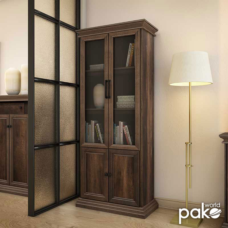 Bookcase Mozart pakoworld with glass walnut 78.5x38x188cm