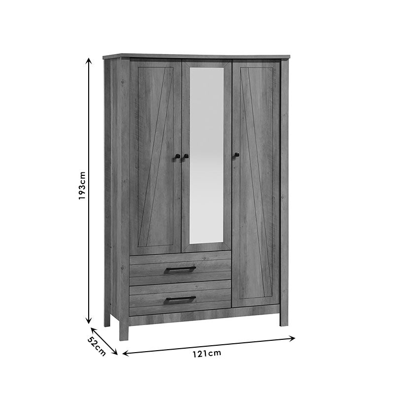 Wardrobe Tara pakoworld 3 doors rustic oak with mirror 121x52x193cm